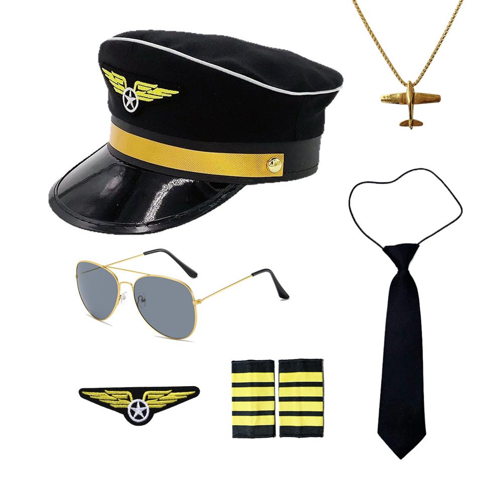 Gyermek állítható pilóta sapka Fesztivál Party Szerepjáték Kapitány sapka Szemüveg Nyakkendő Jelvény Cosplay Kiegészítő Szett Kellékek one size fits all