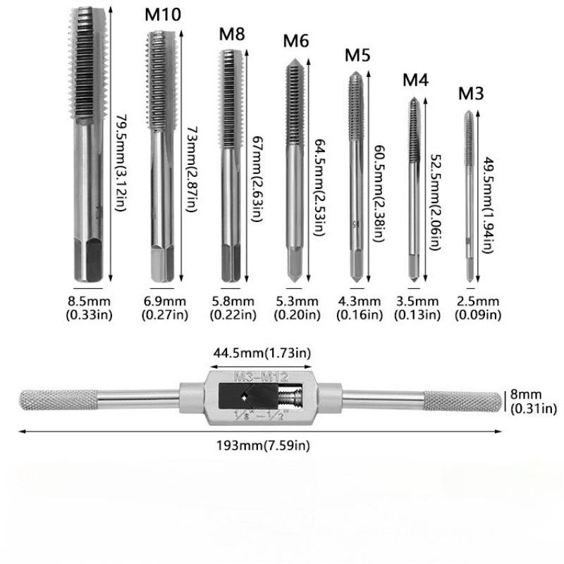 M3-M12 Adjustable T-Handle Wrench Thread Handle Tap Holder Reamer Wrench High Speed Steel Metric Plug Taps Set Tapping Tools