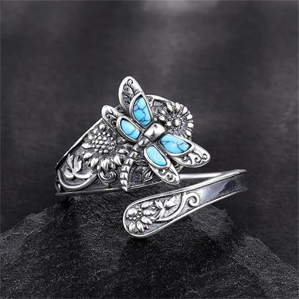 1 Pcs 925 Sterling Silver Vintage Ring Flower Dragonfly Blue Opal Open adjustable Rings Jewelry Birthday Gift For Women Men