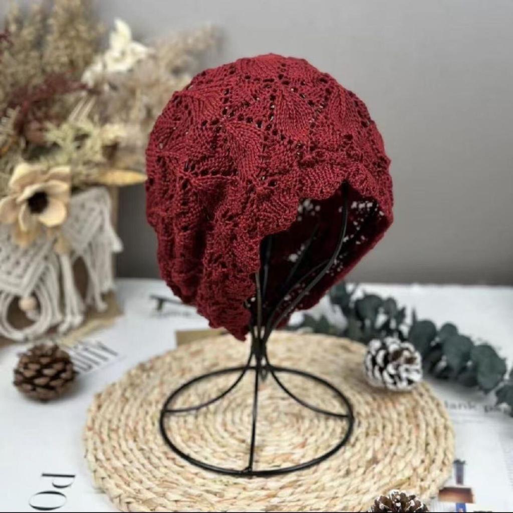 Women's Fashion Hollow Spring and Summer Hat Breathable Lace Thin Headscarf Knitted Slouchy Head Hat Hair Covering Hat
