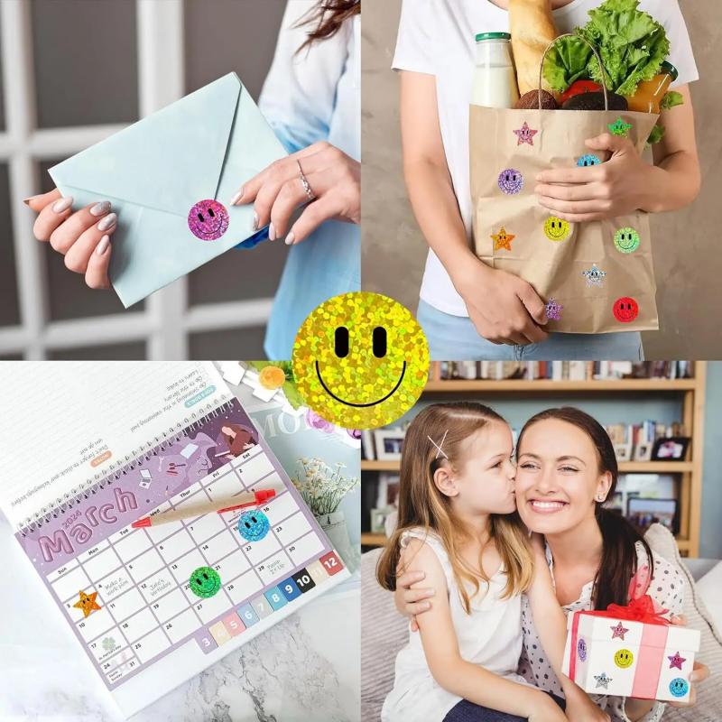 500 Stück Smiley-Gesicht Aufkleber Rolle Laser Bunt Glückliches Gesicht Aufkleber für Klassenzimmer Schulanfang Geburtstag Lehrer Belohnung, 1 Zoll