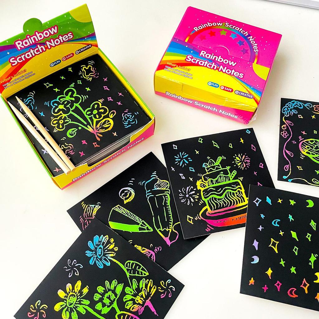 100Pcs  Color  Scratch  Notes Paper Pad Cards With pen Children Kids Draw Painting Toys Craft Gift DIY Toys