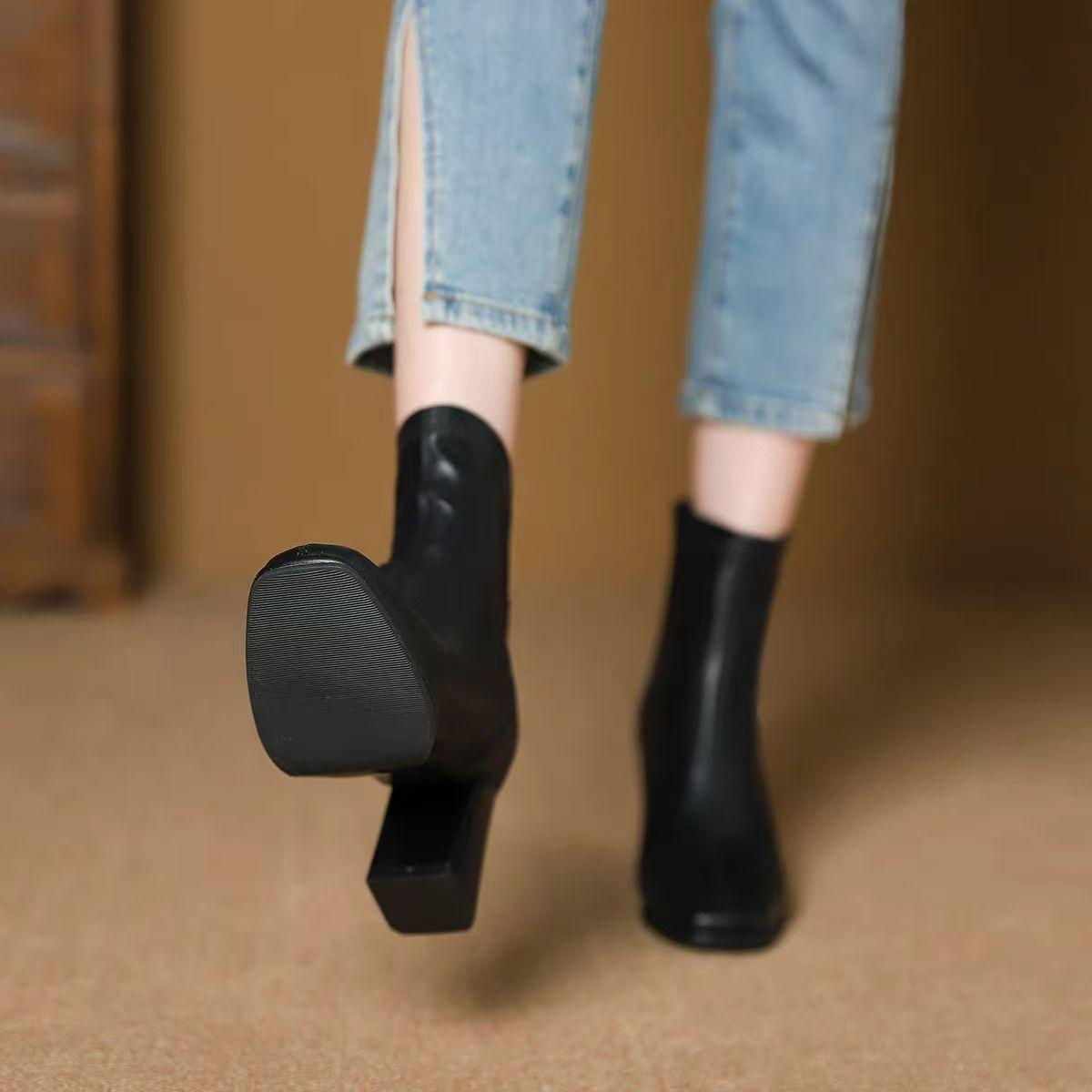 

French high-heeled short boots women s spring and autumn single boots thick-heeled high heels autumn and winter 2025 new beige boots women s spring an 34