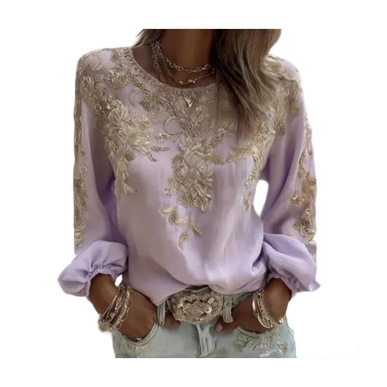 

Women Tops Round Neck Long Sleeve 3D Digital Flower Printing Tee Shirt Retro S