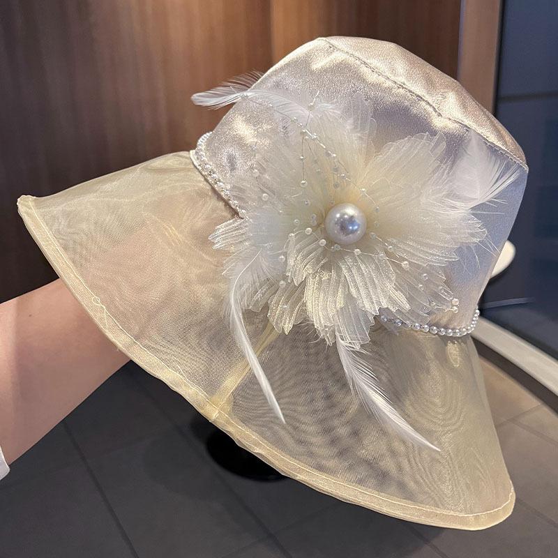 Elegant mesh bucket hat women's summer new flower pearl decorative sun hat travel photo hat