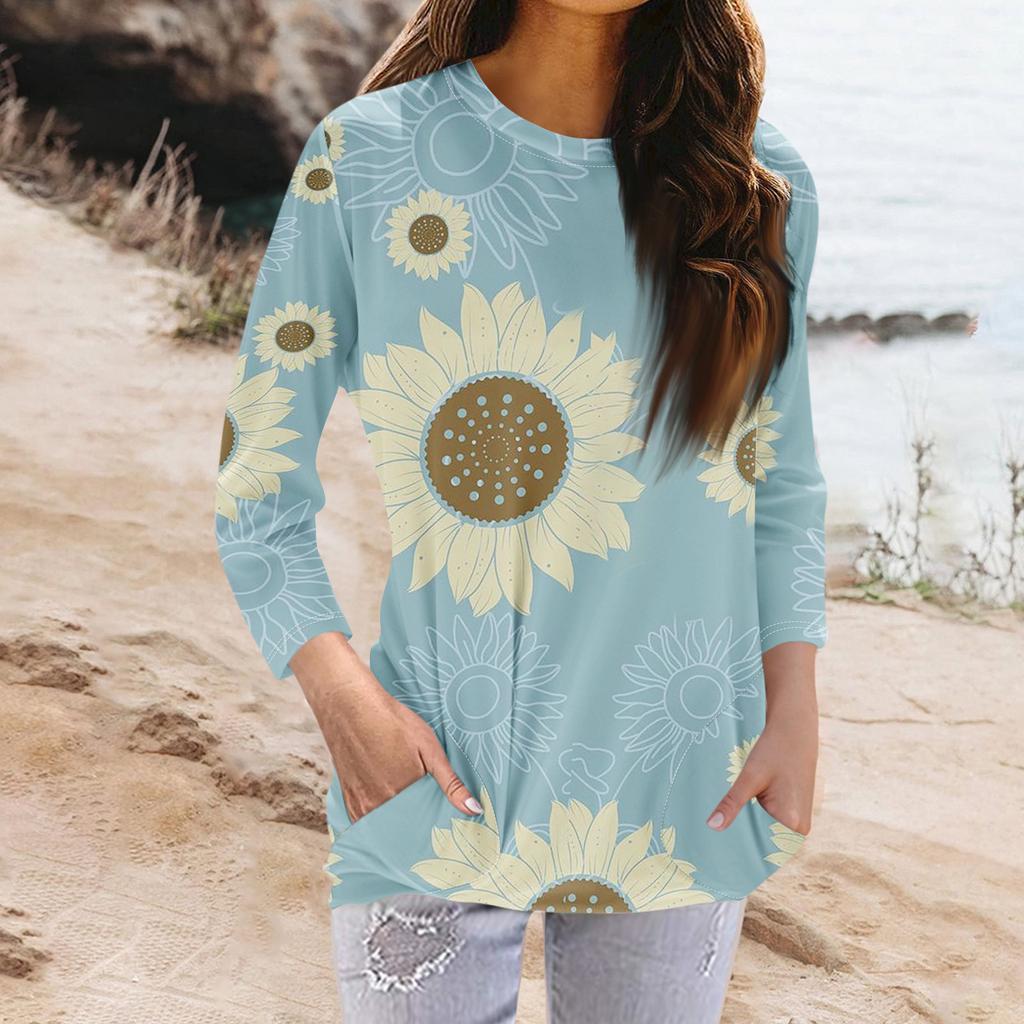 Damenmode Lässiges T-Shirt mit Rundhalsausschnitt, 3/4-Ärmeln und Tasche