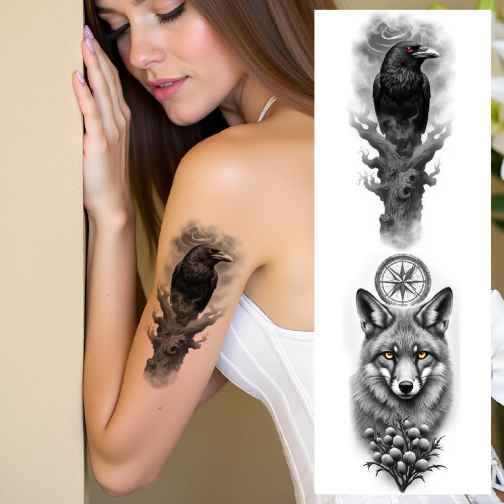 12pcs Temporary Tattoo Waterproof Long-lasting Body Stickers Knight Dragon Peacock For Thigh Male Arm