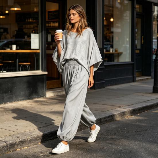 Completo da Donna Due Pezzi Set da Donna 2 Pezzi, Top Largo Girocollo Manica a Pipistrello e Pantaloni a Lanterna, Abbigliamento Estivo per Viaggi Vacanze con Tasche