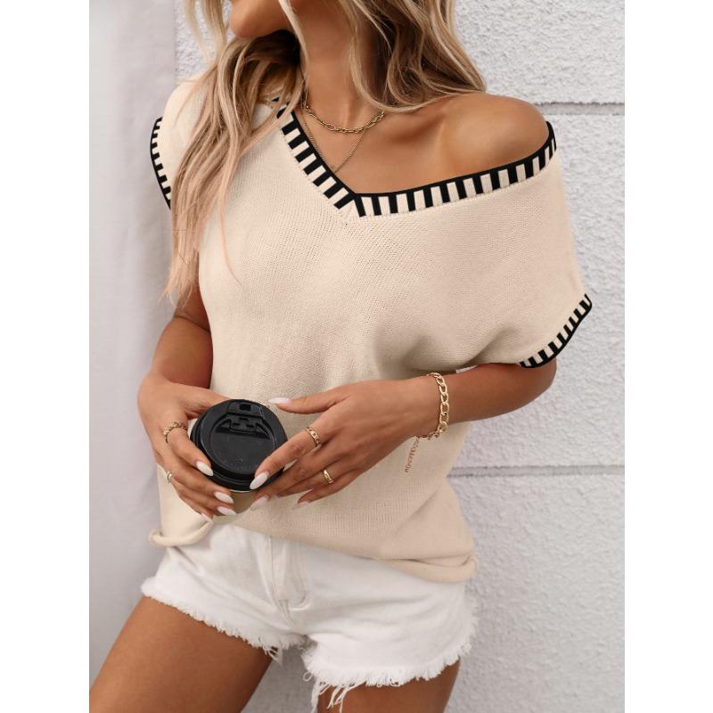 Summer fashion new style women's clothing, elegant temperament, loose and versatile pullover V-neck striped knitted short-sleeved