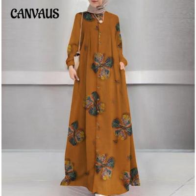 Frühlings- und Herbstkleid für Damen, bedrucktes Hemdkleid aus Baumwollleinen, lange Robe, langes Kleid, Rundhalsausschnitt, Vintage, langärmelig, Kleider in Übergröße