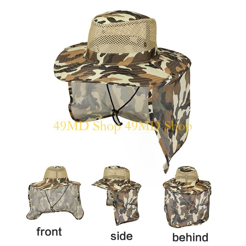 49MD Camouflage Mesh Sun Hat for Various Age Breathable Fisherman Hat with Neckflap Sweat Absorbent Hat for Outdoor Activity