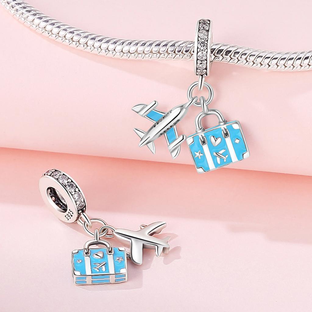 Beads Copper Charms Original Blue Airplane Travel Case Pendant Beads Fit Bracelet Jewelry Diy Women Gift Accessory