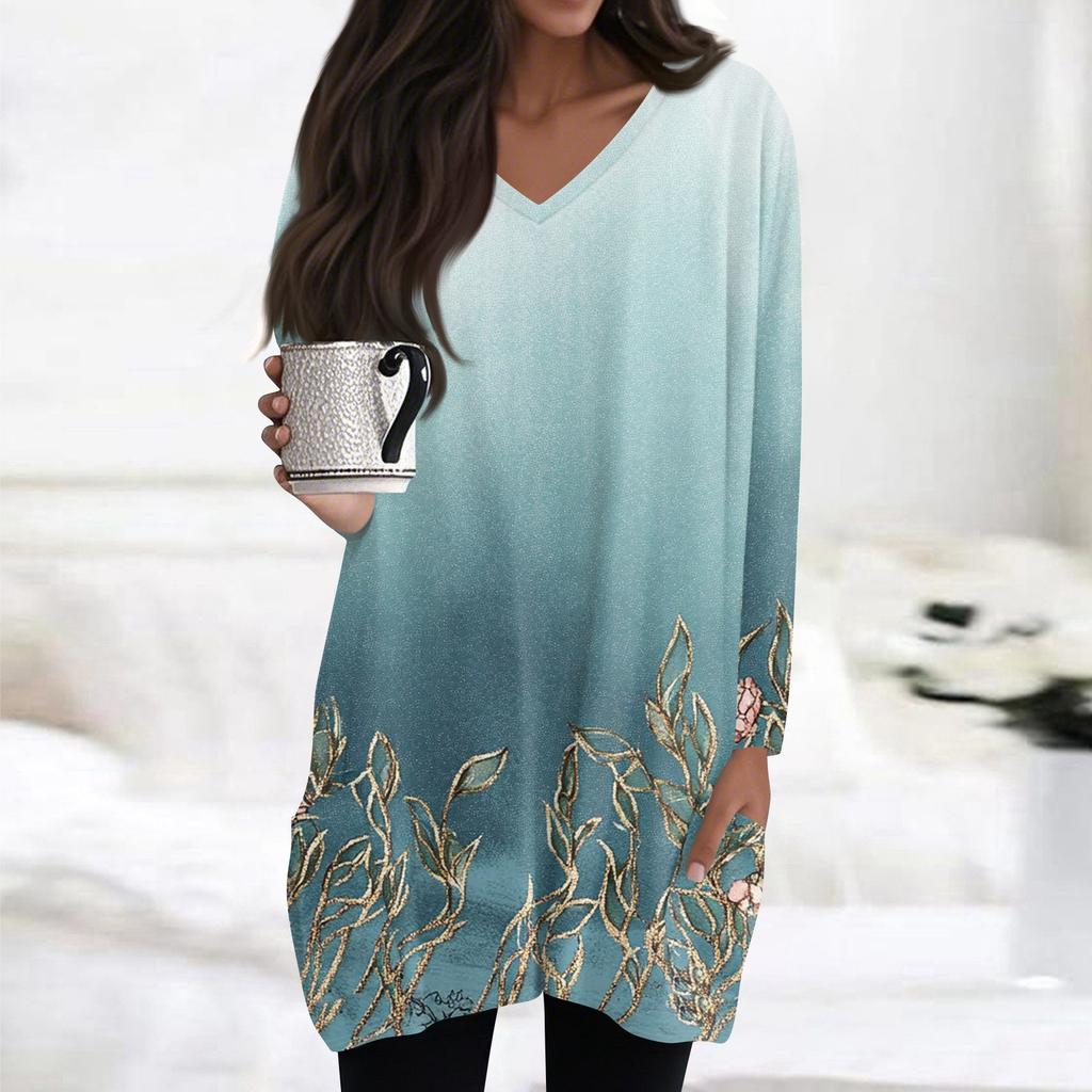 Damen Oberteile V-Ausschnitt Langarm Blusen Lässige Mittellange Hemden Mode Druck Tunika Oberteile Mit Taschen