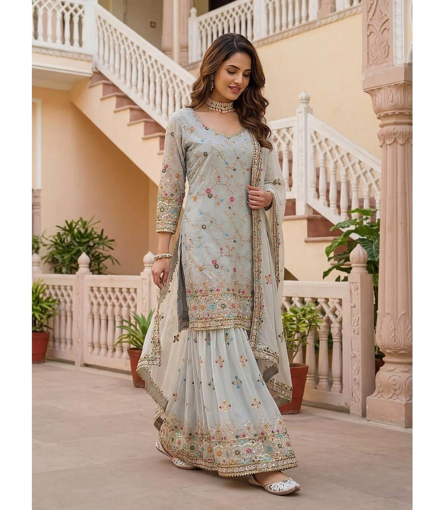 Costume Salwar Sharara Designer Femme Georgette Synthétique Tenue de Soirée Indienne Bollywood Salwar Kameez