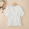ZANZEA Women Casual V-Neck Short Sleeve Polka Dot Print Blouse