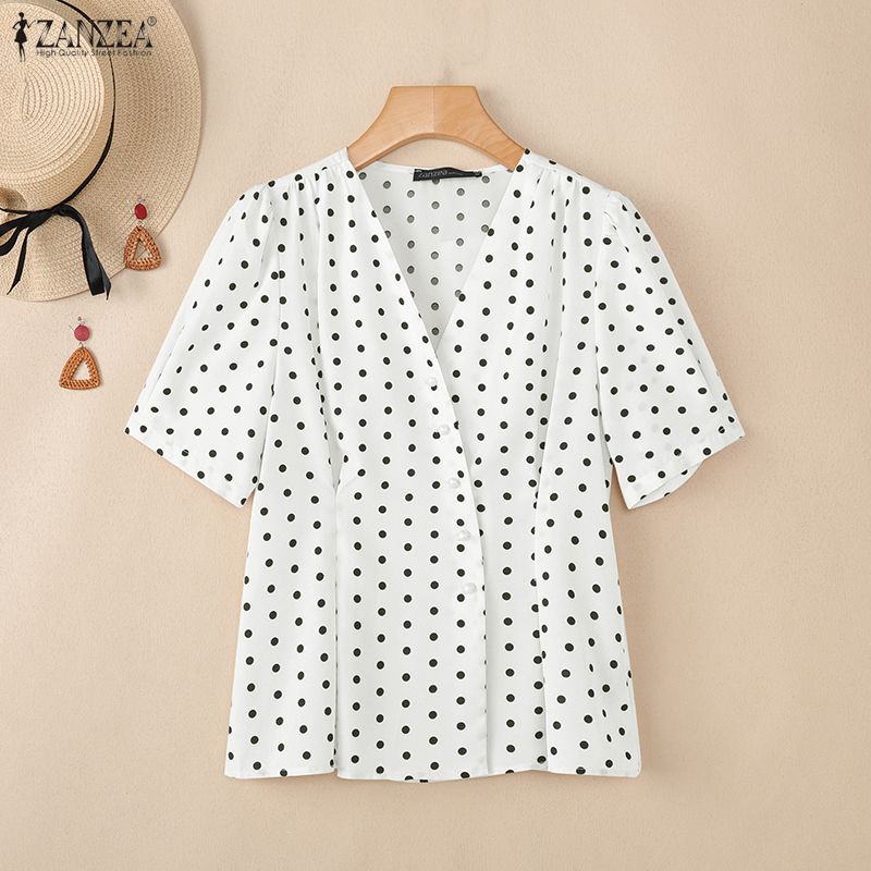 ZANZEA Women Casual V-Neck Short Sleeve Polka Dot Print Blouse