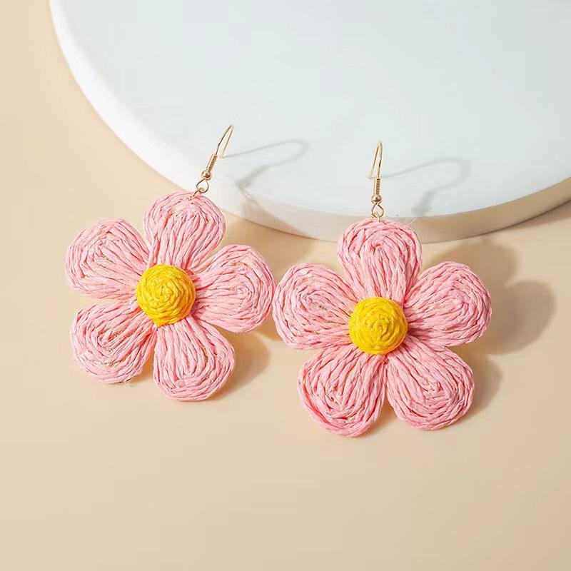 Sweet Wind Puff Flower Earrings Feminine Niche High-Quality Rattan Ear Hook Jewelry