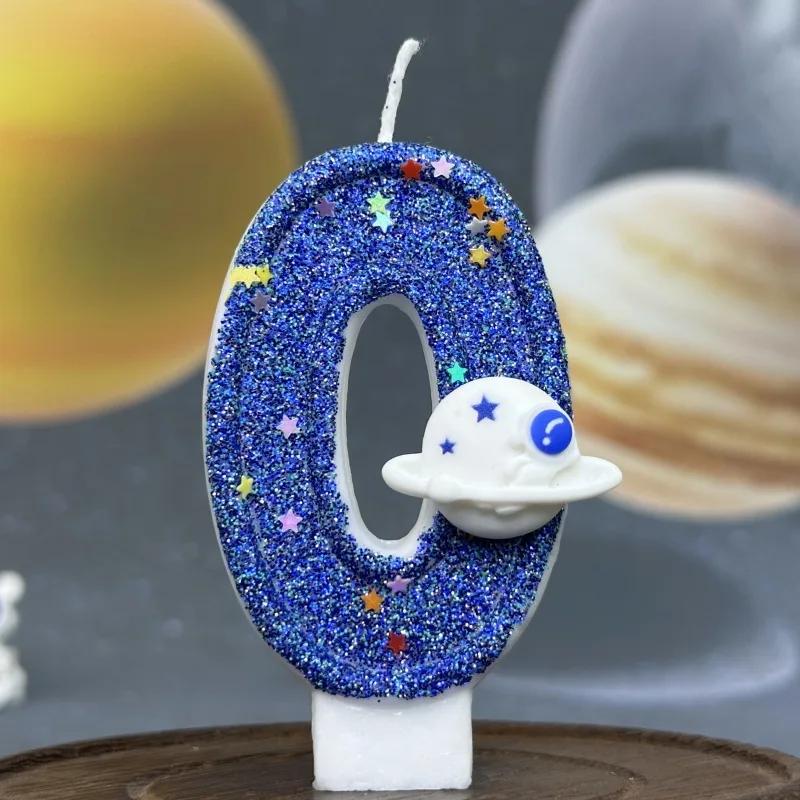 Blue Planetary Universe Boys Birthday Number Candle Cake Topper Children Baby Party One Year Old Dessert Decor Baking Supplies