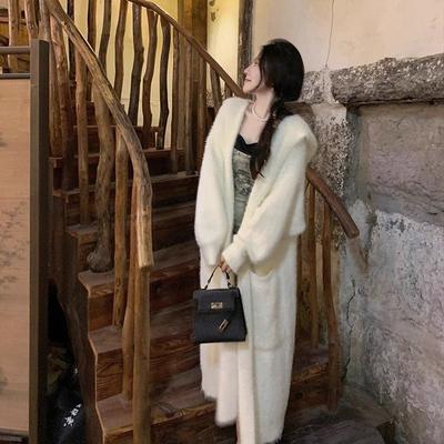 Thick Hooded Knitted Cardigan Jacket for Knitted Sweater Autumn and Winter Women's Gentle and Lazy Style Knee Length Coat