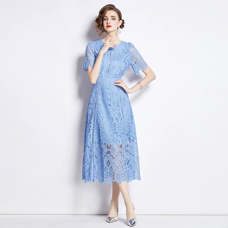 

Летнее женское ретро-платье с круглым вырезом и рукавами в виде листьев лотоса, кружевное платье, стройнит и элегантно смотрится с длинной юбкой L светло-синий