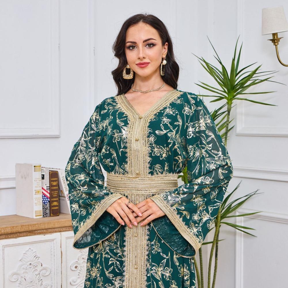 Women's Evening Gown: Stylish Long Dress Featuring Textured Floral Patterns and Gold Foil Accents