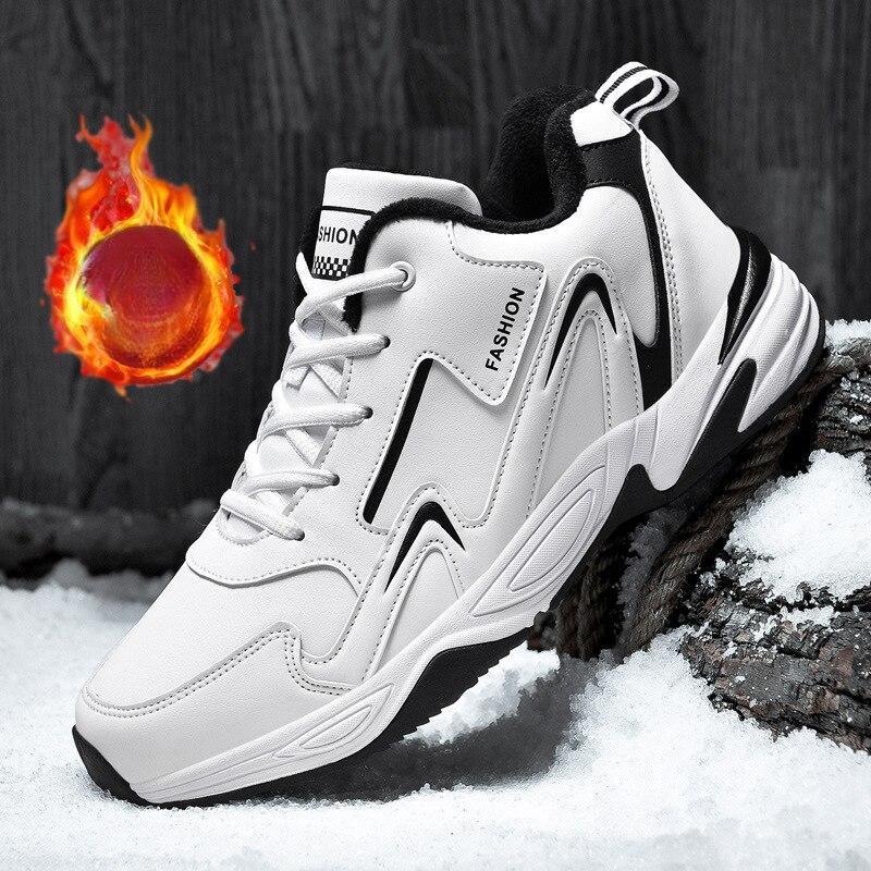 Men Sneakers White Leather Winter Warm Fur Men Shoes Big Size New Trend Comfort Non -Slip Outdoor Autumn Men Casual Shoes 45 46
