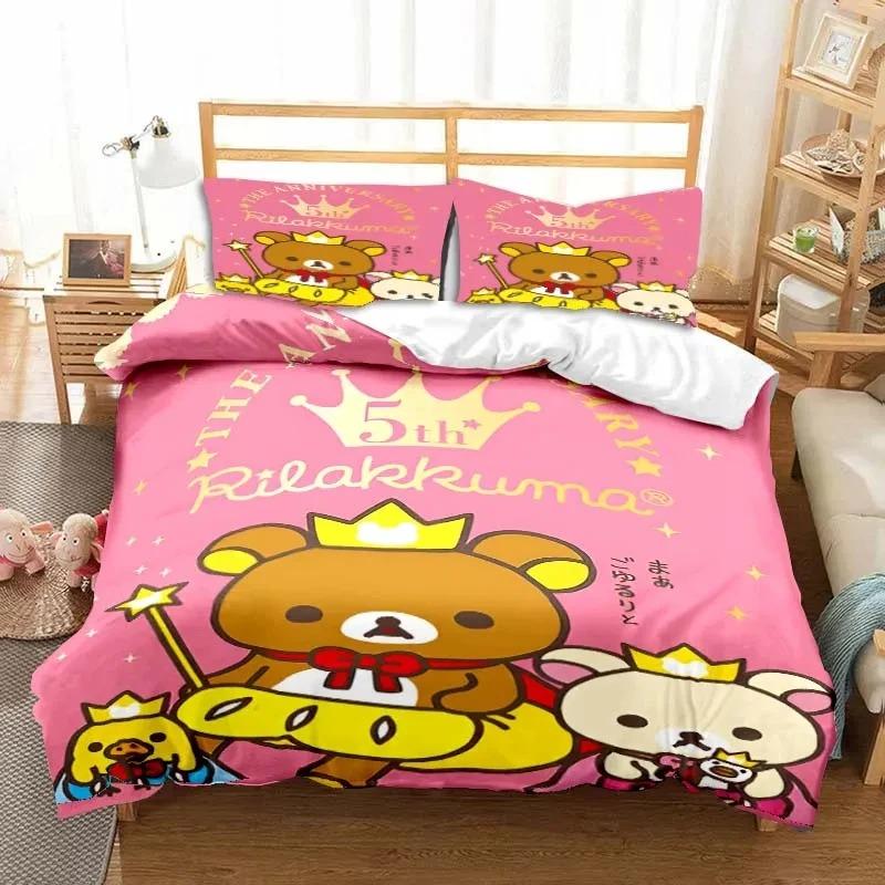 3dCartoon Rilakkuma Ayı Yatak Takımı Yorgan Kılıfı Yatak Takımı Yorgan Kılıfı Yastık Kılıfı Yorgan King Queen Boy Erkek Çocuk Yetişkin Yatak Takımı