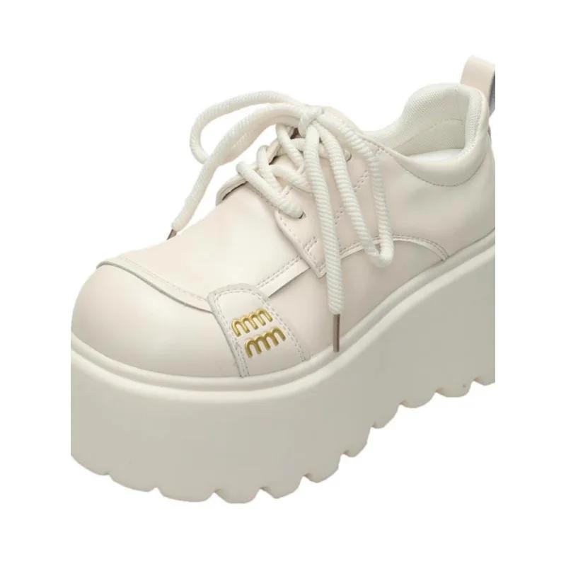 8CM Obcasy Nowe 2025 Wiosna Damskie Skórzane Sneakersy Wysoka Platforma Sznurowane Buty Codzienne Gruba Podeszwa Czółenka do Chodzenia Zapatos Mujer