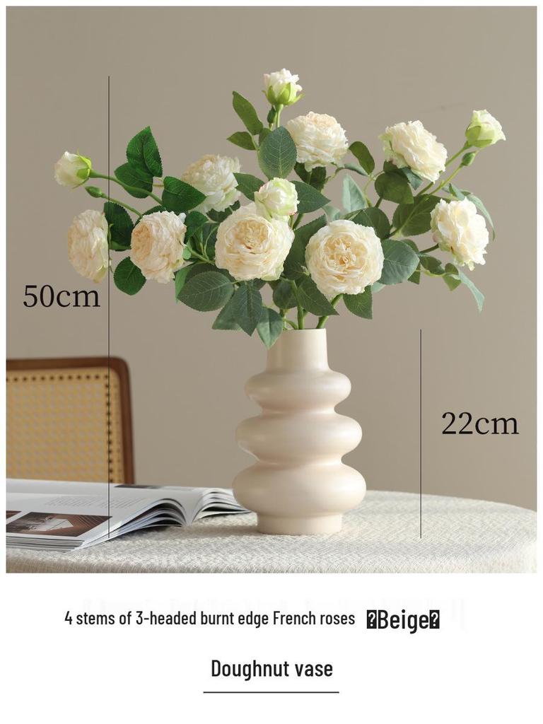 Vintage Burned Edge Rose Artificial Floral Arrangement for Living Room or Dining Table Decor