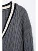 European & American Style Pocket V-neck Cable Knit Cardigan - Women's Spring 2025 Collection