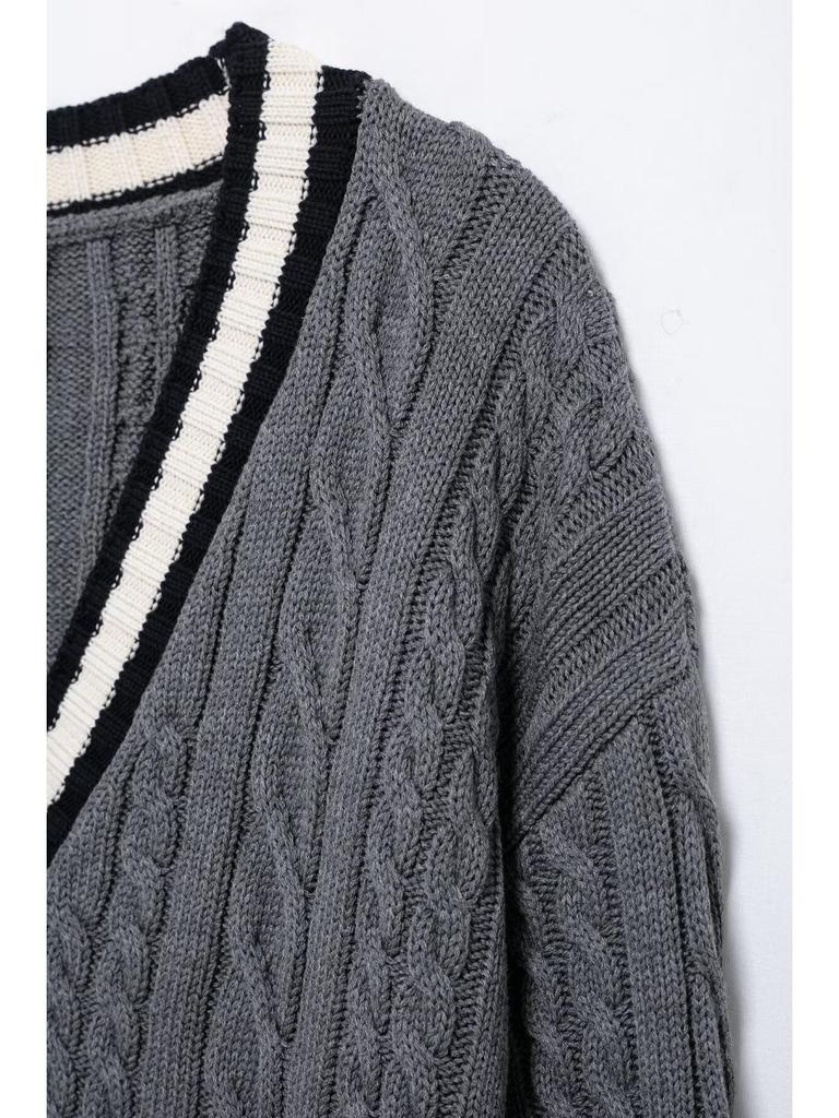 European & American Style Pocket V-neck Cable Knit Cardigan - Women's Spring 2025 Collection
