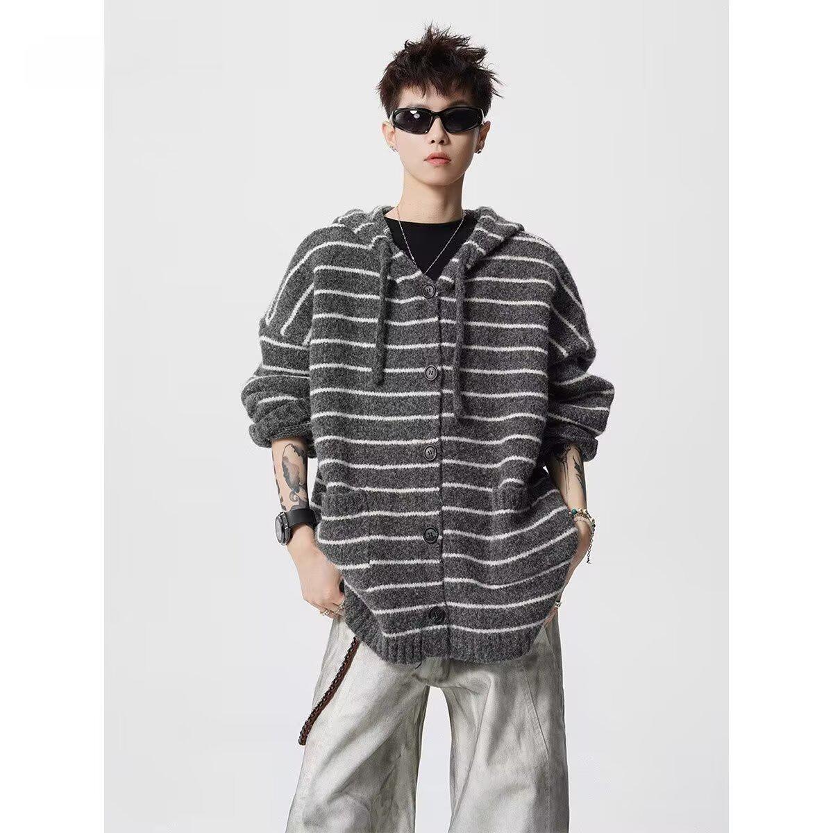 

Unisex Retro Striped Hooded Knit Cardigan, Winter Lazy Style Sweater, Trendy Loose Fit Outerwear XL сірий колір