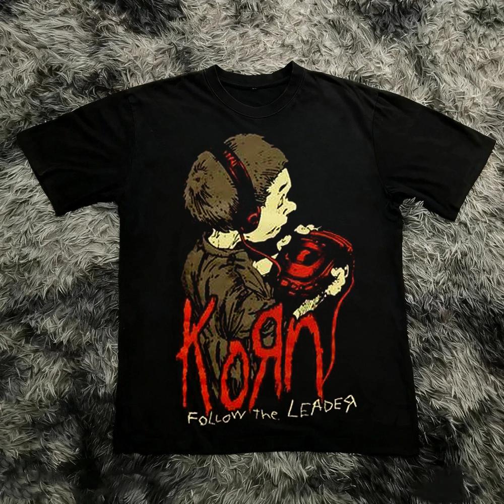 T-shirt in Cotone Stampata Korn Follow The Leader Double-Sided Metal Band Tee Top Oversize per Coppia Uomo e Donna