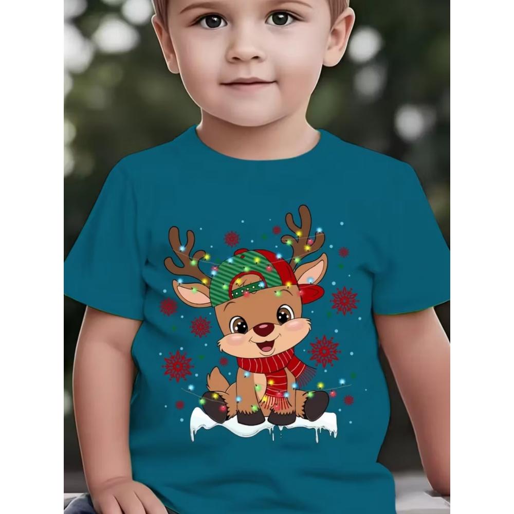 Christmas Children's T-Shirt Cartoon Deer Print Girl Clothes Cute Cartoon Pullover Tees Boy Top Casual Loose Children's Clothing