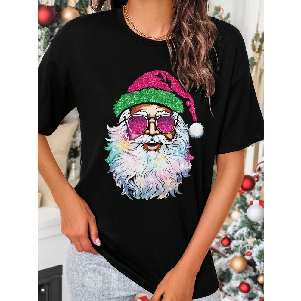 Christmas Casual Minimalist Santa Claus Graphic Round Neck Short Sleeve Women Clothes Festival Dress Up Adult T-shirt