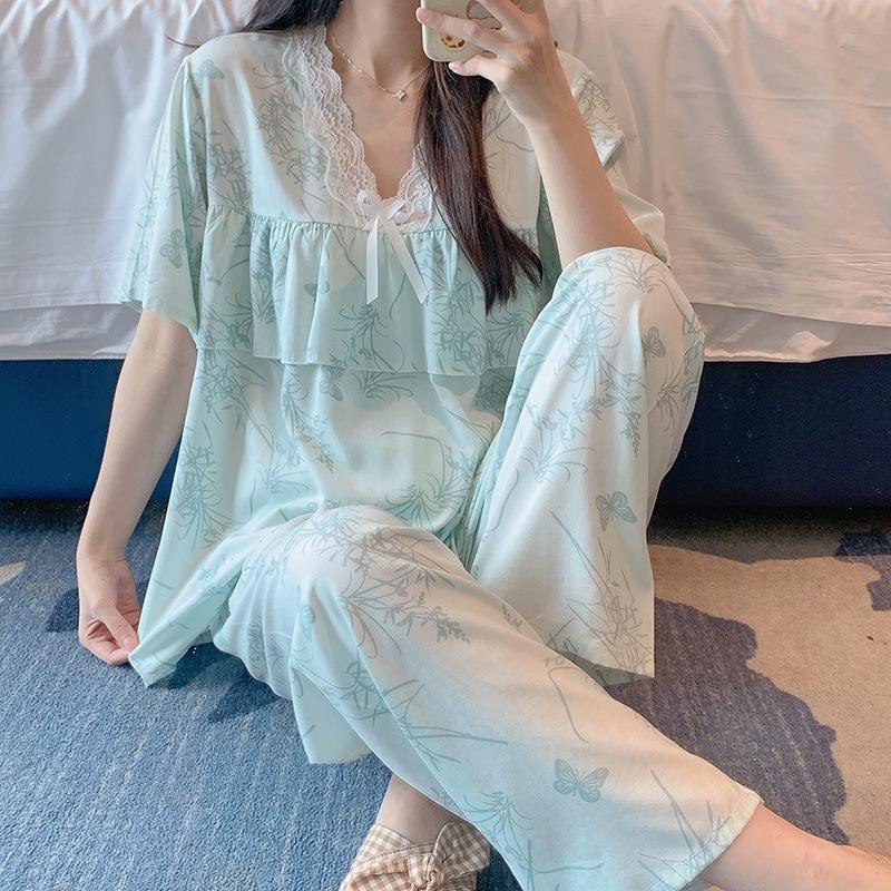 Short-sleeved Trousers Cotton and Silk Pajamas Women's Summer Thin Suit Japanese Sweet Anti-bumps Can Be Worn Outside Cotton Silk Loungewear