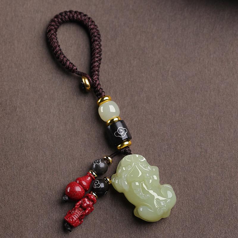 Authentic Hetian Jade Pixiu Keychain with Cinnabar Gourd Pendant