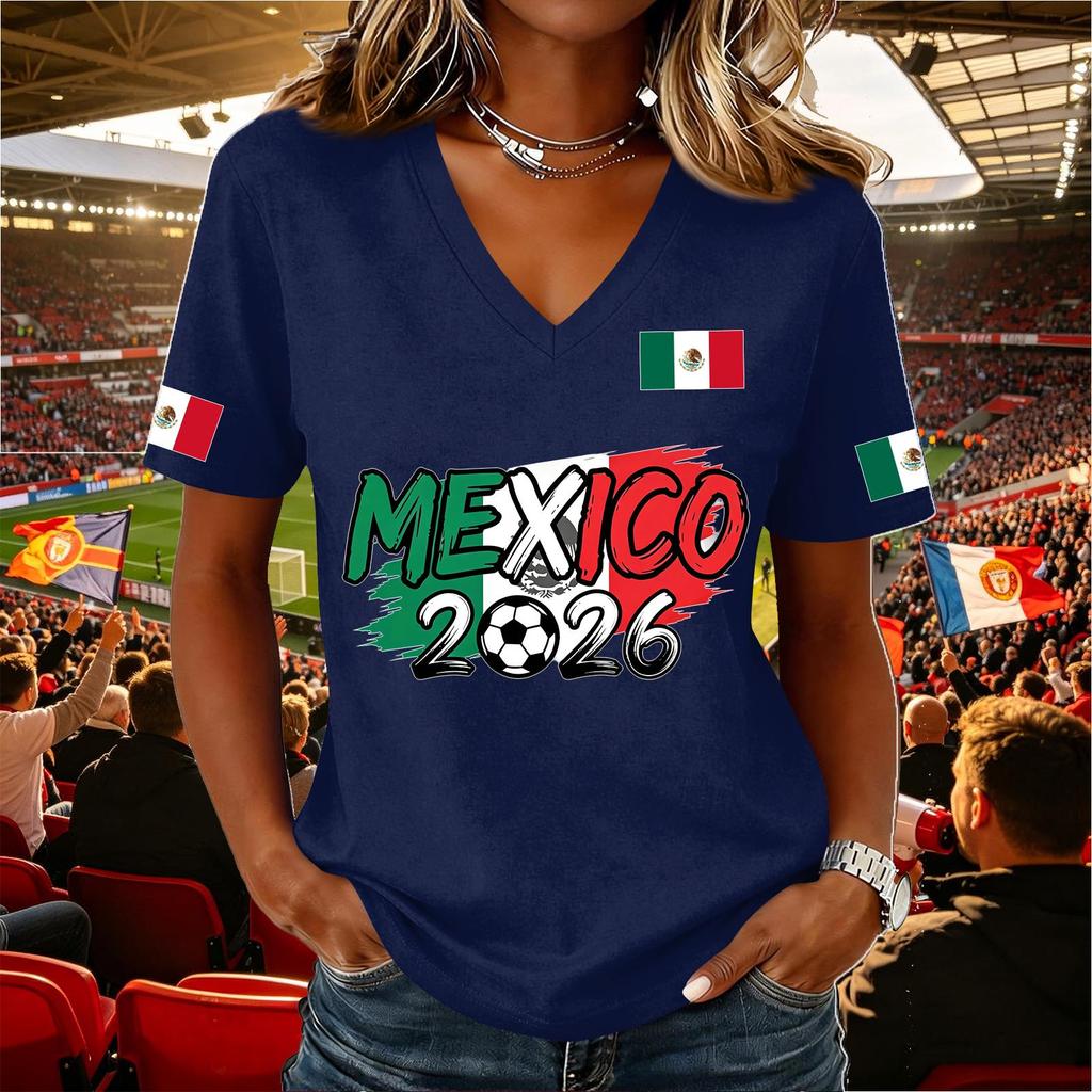 Women's Casual V Neck Pullover Short Sleeve Top Soccer National Flag Print Support Shirt Mexico 2026 Design Lightweight Comfortable Fit