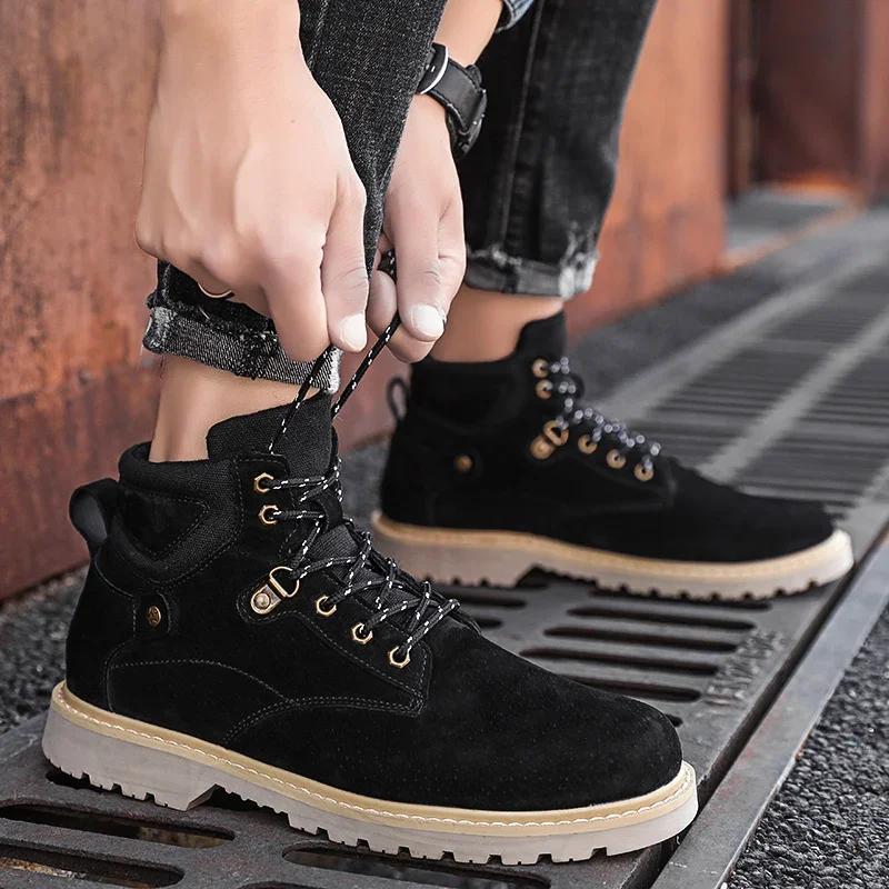 Férfi cipők 2024 Divat Fűzős Férfi Csizmák Téli Kerek Orrú Egyszínű Rövid Szárú Vastag Sarkú Nagy Méretű Kültéri Meztelen Csizmák