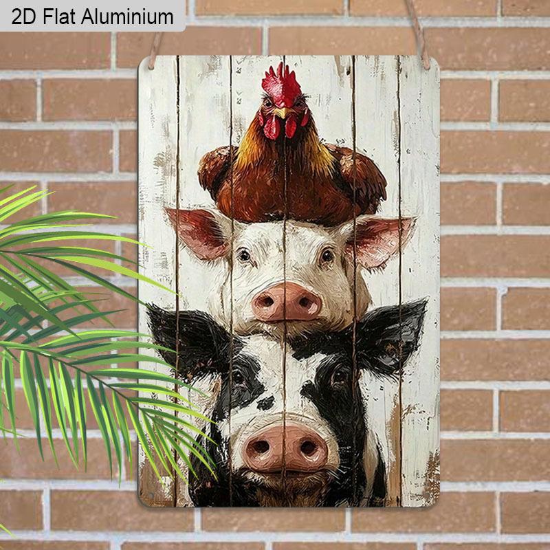 2D Flat 1pc Vintage Aluminum Sign Farm Animals Stacked Cow Pig Chicken Wall Decor Plaque for Home Kitchen Farmhouse Countryside Decor