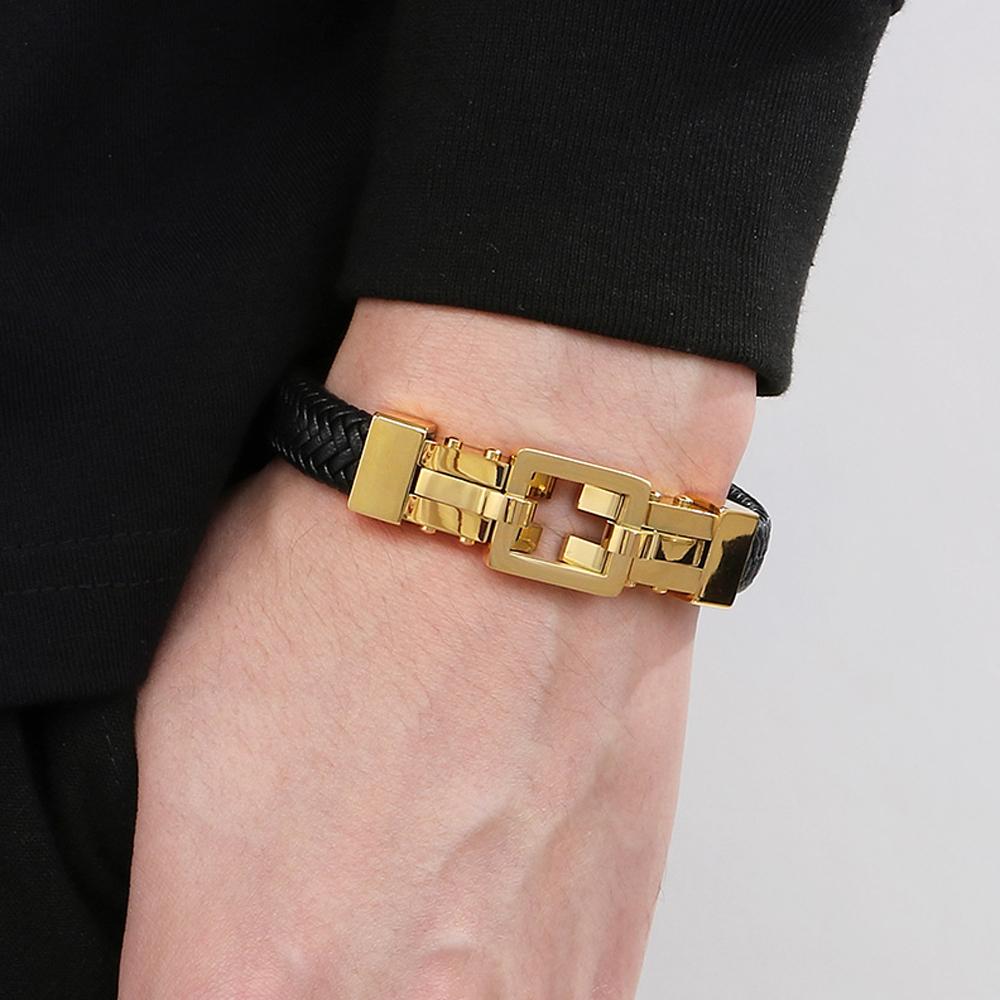 Handmade Braided Leather Wrap Man Bracelet Gold Color Stainless Steel Men's Bracelets with Magnet Clasp Birthday Party Gifts