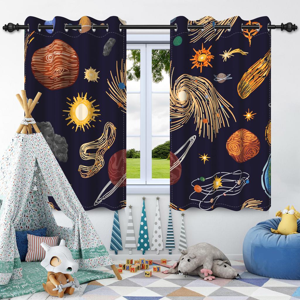 2pcs Moon Stars Window Curtains Children Bedroom Home Living Room Decoration Blackout Curtain Heat Insulation Noise Reduction