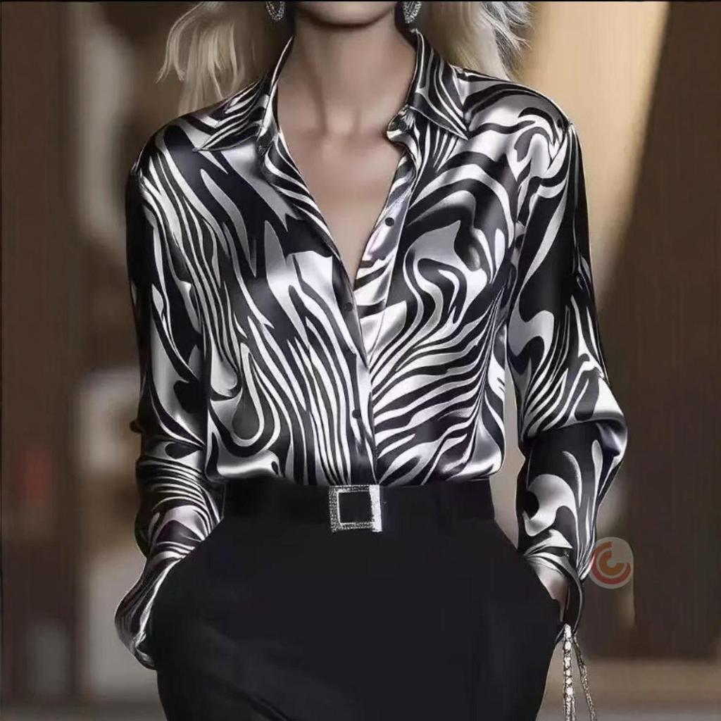 European & American Women's Fashion Abstract Animal Print Satin Slimming Long-Sleeved Shirt, Cross2025 Collection