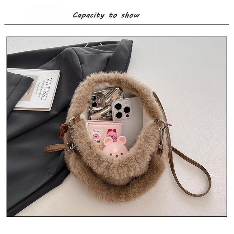 Elegant Women's Plush Bucket Shoulder Bags Rushed Fluffy Handle Ladies Purse Handlbags Faux Fur Female Small Crossbody Bags