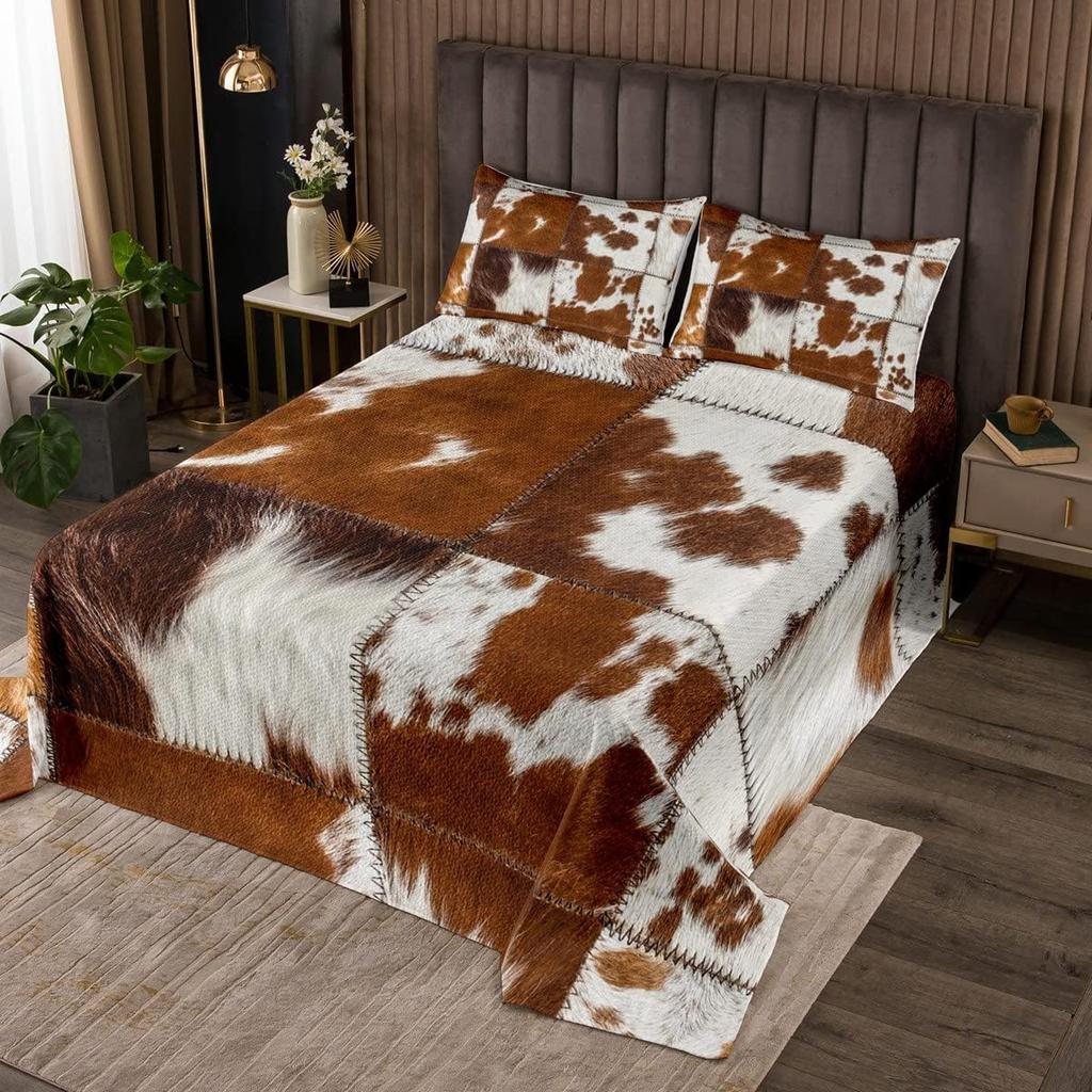 Cowhide Coverlet Set Farm Animal Fur Bedspread Queen/Full for Boy Girl Bedroom 2/3 Pcs Western Rustic Cowboy Farmhouse Quilt Set