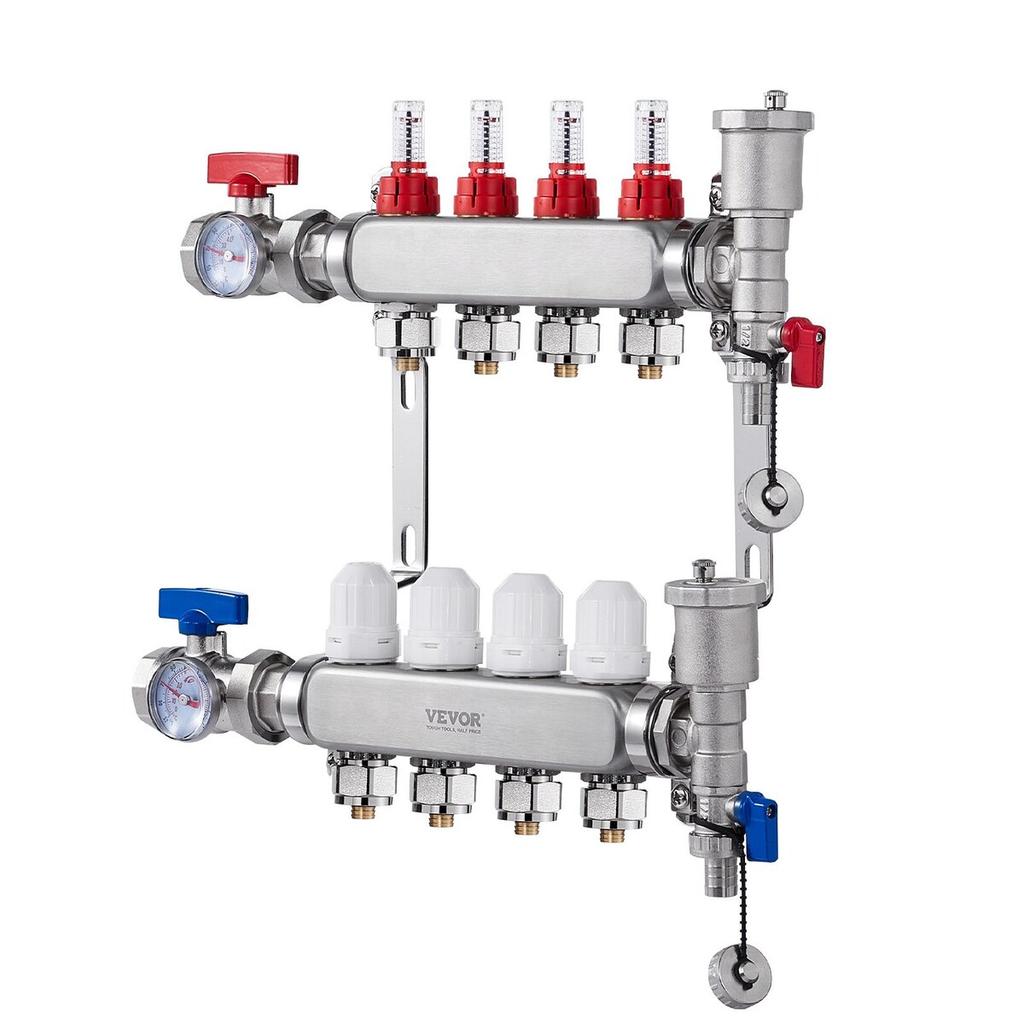 4-Strang Flächenheizungsverteiler 1/2" PEX-Rohr Fußbodenheizungsverteiler-Set