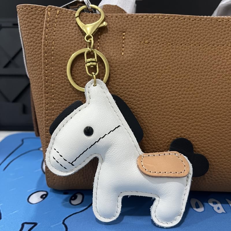 Yocipa Cute Leather Horse Keychain Bag Charm for Car Keys and Genuine Leather Key Key Accessory Bags, Holder, Ring, (Khaki)