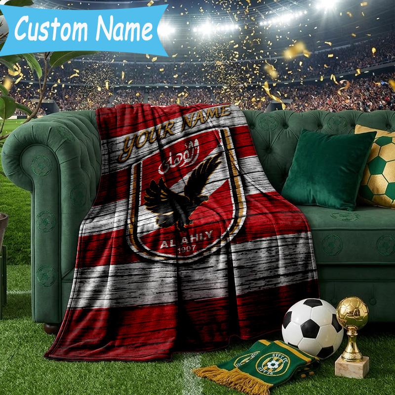 Custom Name Al Ahly Fc Crest Design Flannel Blanket, Use for Birthday/Holiday Gift, Soft Blanket for Sofa/Bed/Camping/Office, Home Decor