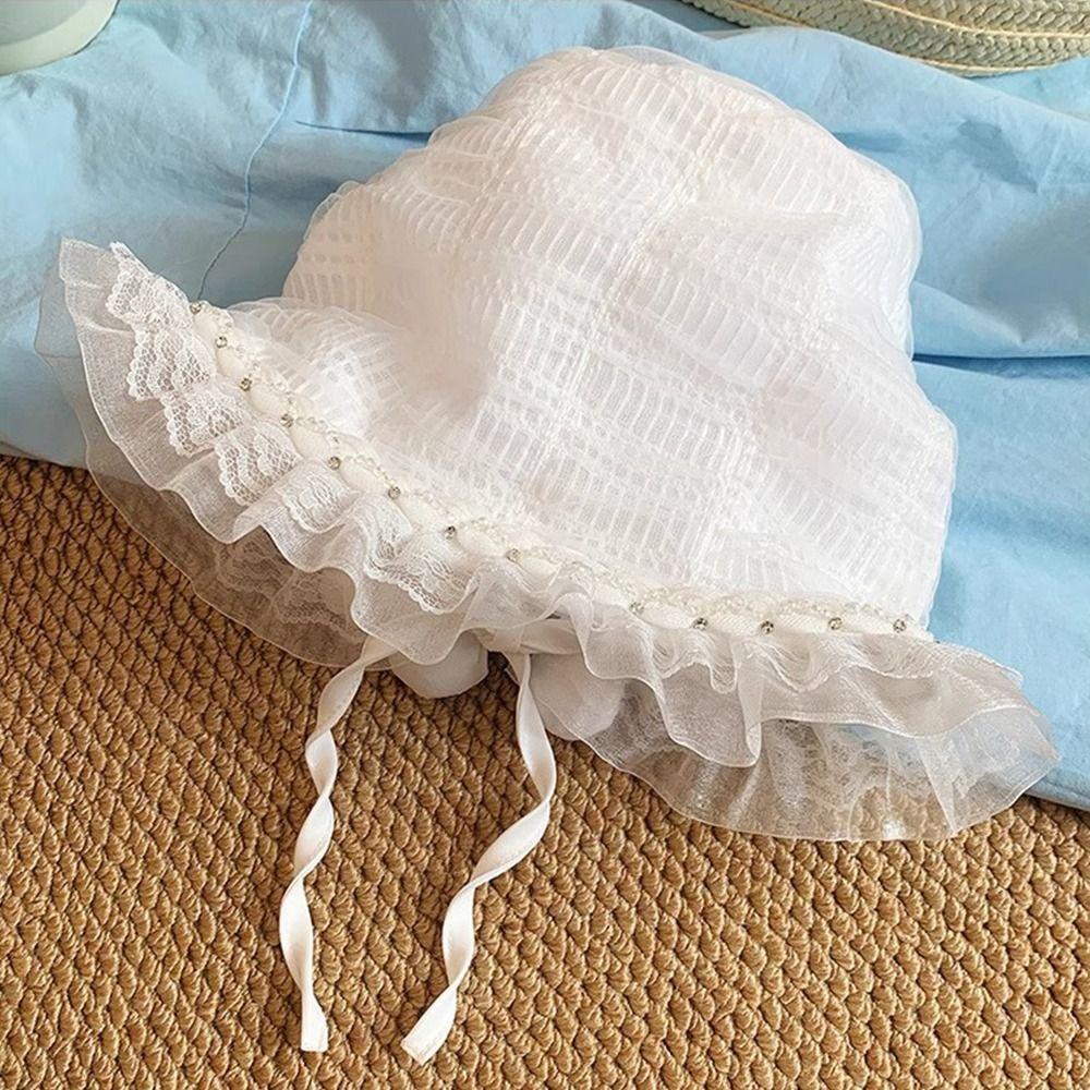 White Fisherman Hat Summer Visor Basin Cap Foldable Lace Bucket Hat  Girls