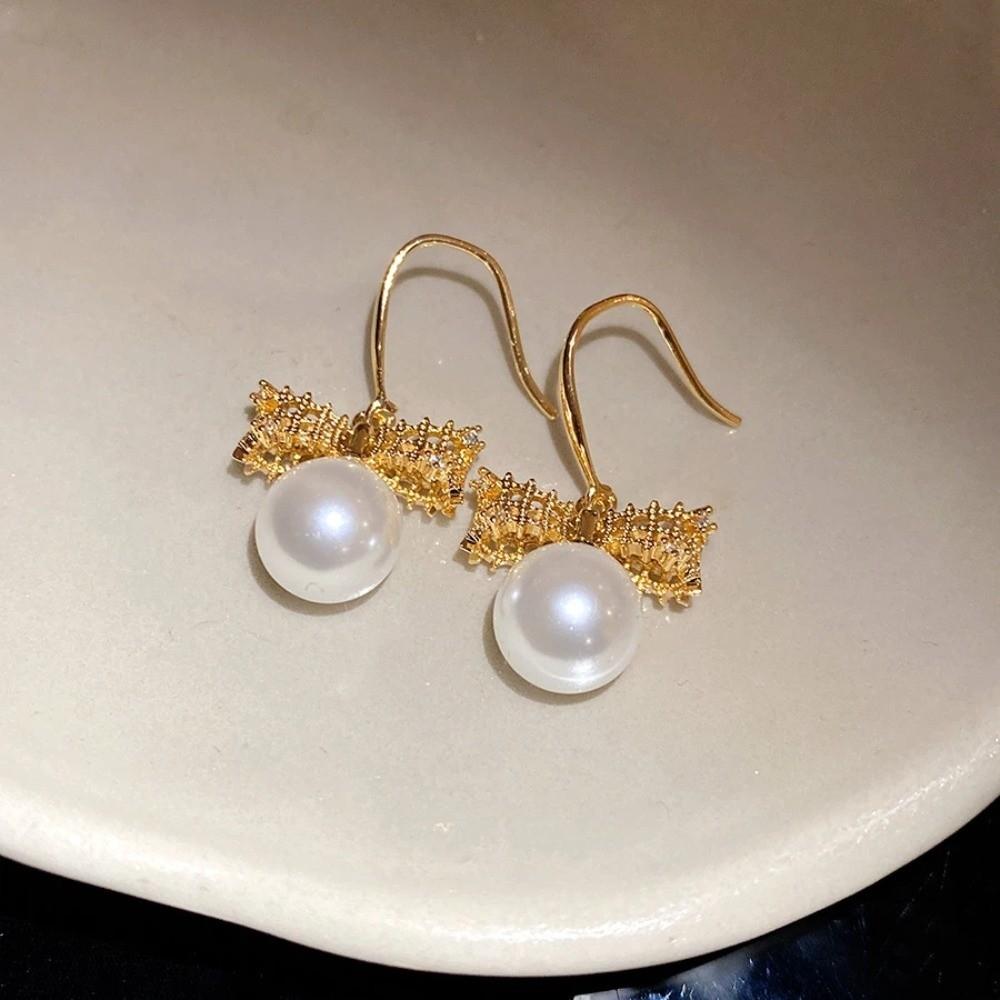 Simulation Freshwater Pearl Bow Pearl Long Earrings Shell Beads Ear Hook Drop Earrings  Girls Gift